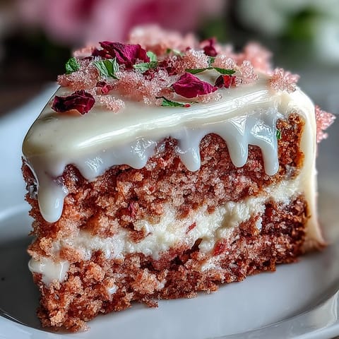 Elegant pink Rosé Velvet Cake, shimmering with edible gold drip.