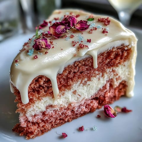 Decadent Bridal Shower Rosé Velvet Cake, creamy frosting with glistening gold.