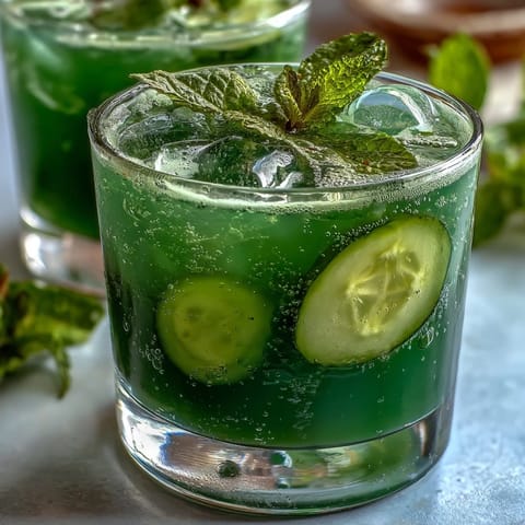 Vibrant Sparkling Cucumber Mint Lemonade Mocktail poured into a chilled glass.