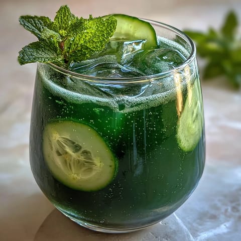 Sparkling Cucumber Mint Lemonade Mocktail: Refreshing tall glass filled with ice and garnish.