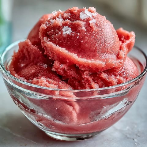 Frozen watermelon sorbet (3 ingredients) glistening, perfect for a refreshing summer treat.