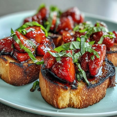 Vibrant strawberry balsamic bruschetta piled high on toasted grilled sourdough.