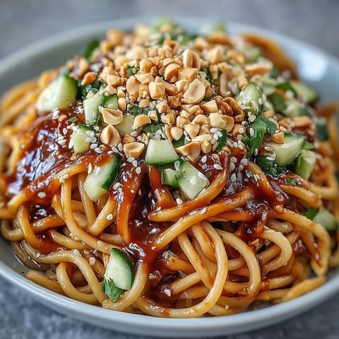 Vibrant cold peanut sesame noodles topped with fresh cucumber and crunchy peanuts.