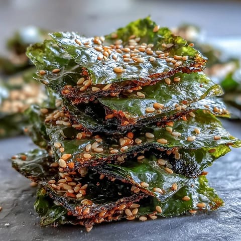 Crispy seaweed snack chips baked with sesame seeds, a savory delight.
