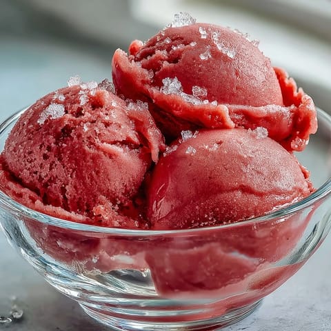Bright pink watermelon sorbet (3 ingredients) ready to scoop on a sunny day.