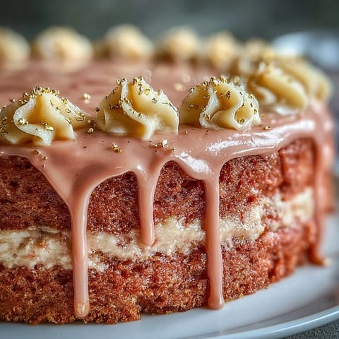 Elegant Bridal Shower Rosé Velvet Cake with shimmering gold drip.
