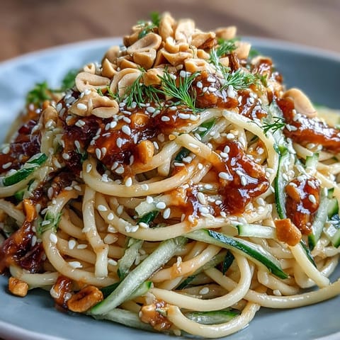 Creamy cold peanut sesame noodles with crisp cucumber, a perfect summertime dish.