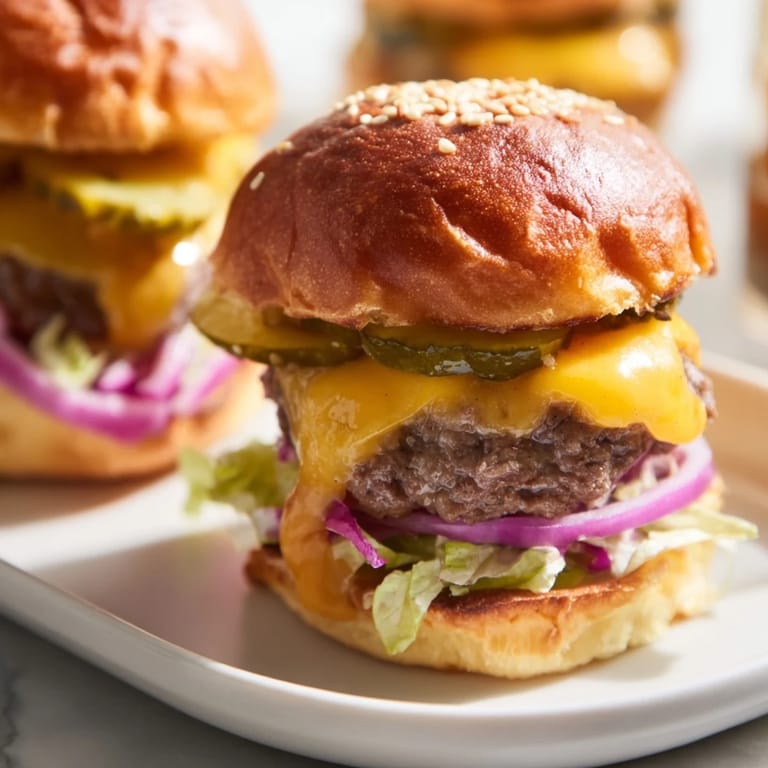 Perfectly sized party sliders featuring juicy patties, special sauce, and fresh toppings arranged on a rustic wooden board.