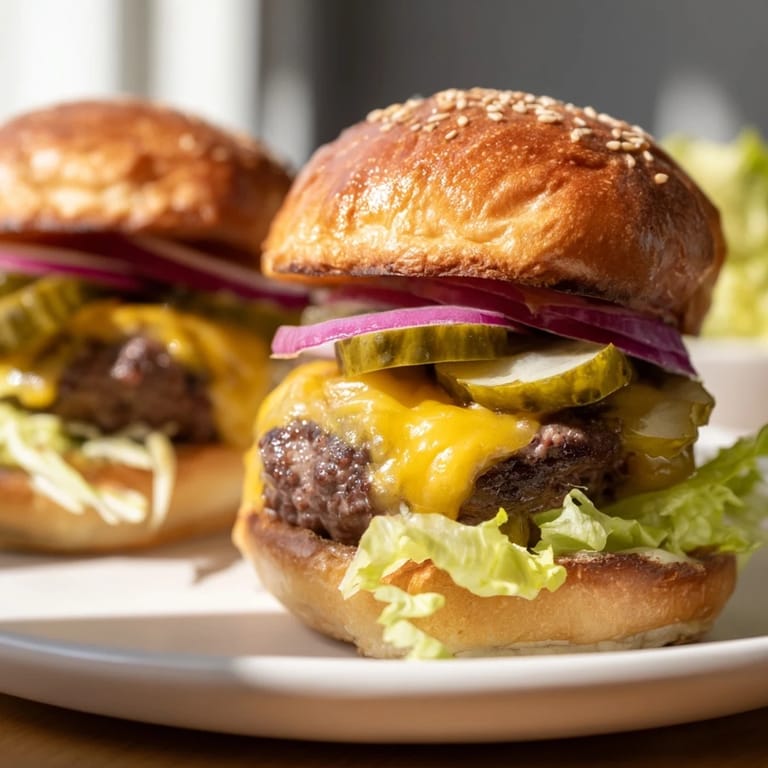Homemade cheeseburger sliders with dill pickles and onions, served hot from the skillet with extra special sauce for dipping.
