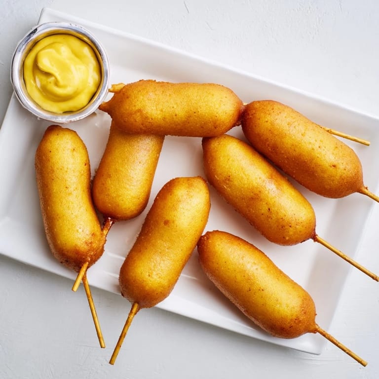Close-up of a hand holding a crispy Corn Dog, showcasing the juicy hot dog inside the sweet batter.