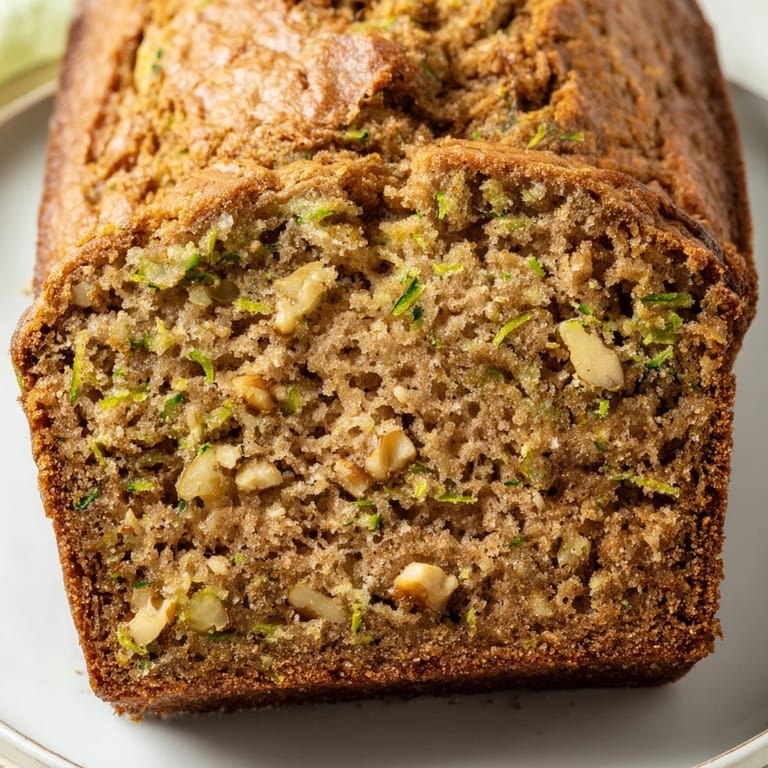 Golden-brown Zucchini Bread cooling on a wire rack, topped with walnuts and a light dusting of powdered sugar.