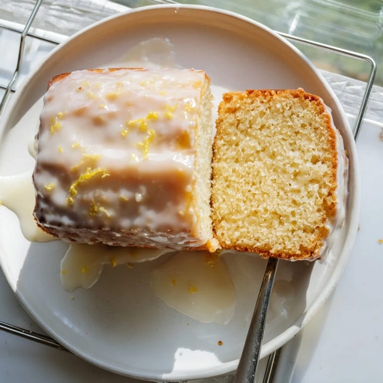 Close-up of a moist slice of Lemon Pound Cake with buttery crumb and fresh lemon zest, served with tea.