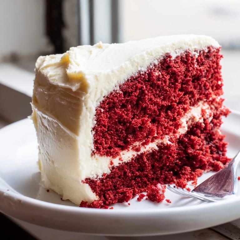 Freshly sliced red velvet cake on a white plate showcases moist crumb and tangy frosting.