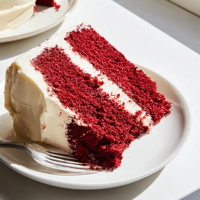 Rustic red velvet cake slice on a wooden board with berries nearby and coffee for serving.