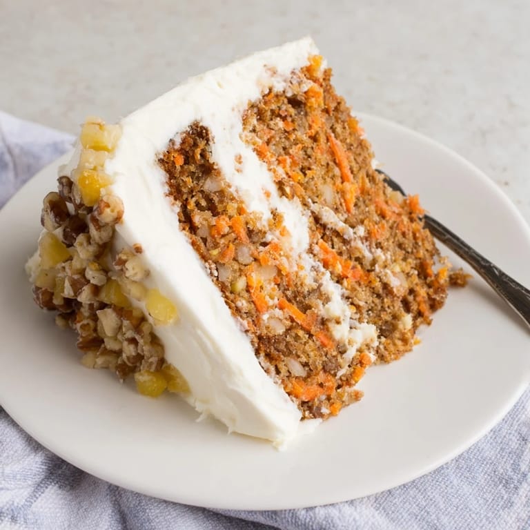 Whole Carrot Cake on a cake stand, garnished with chopped nuts and pineapple chunks.