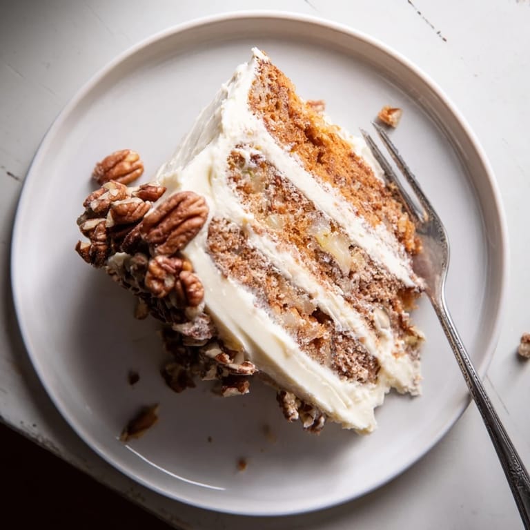 Three-layer Hummingbird Cake with thick cream cheese frosting and chopped pecans on a rustic dessert table.