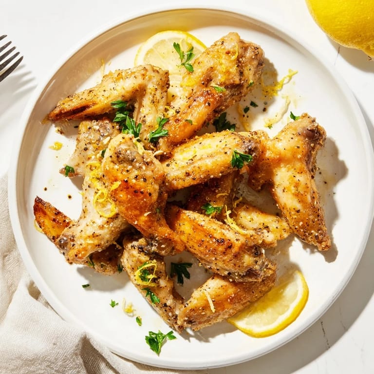 Tangy Lemon Pepper Wings just out of the oven on a wire rack, glistening with lemon zest and pepper.