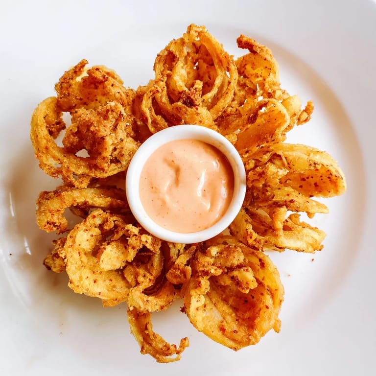 Crispy fried Onion Petals blooming on a plate with a zesty red dip.