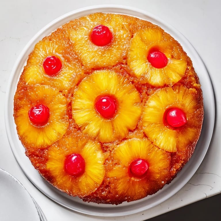 Warm Pineapple Upside-Down Cake slice resting on a white plate, showcasing moist vanilla crumb and bright maraschino cherries. 