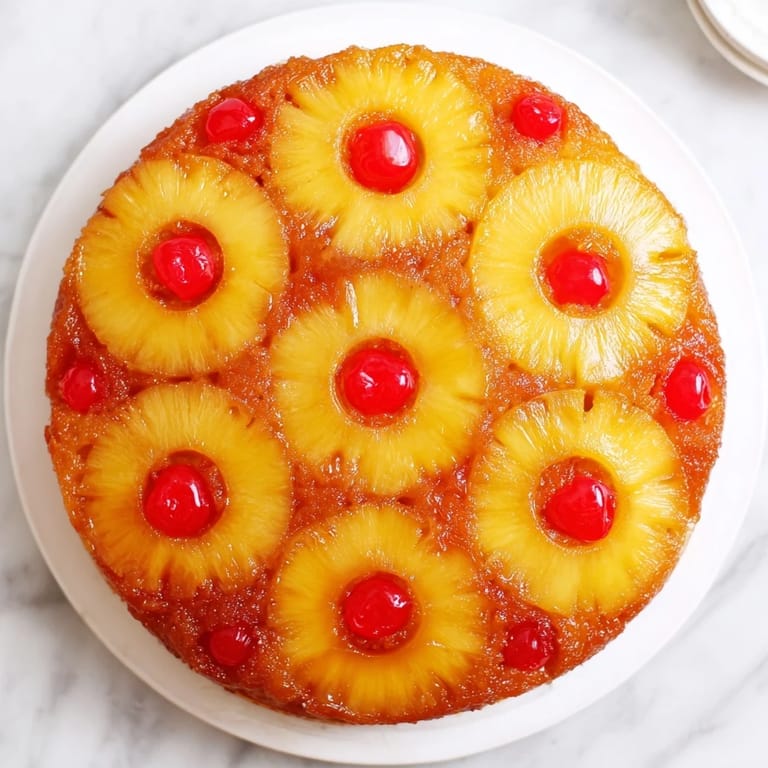 Classic Pineapple Upside-Down Cake cooling on a rustic wooden table, featuring glossy fruit topping ready to be served.