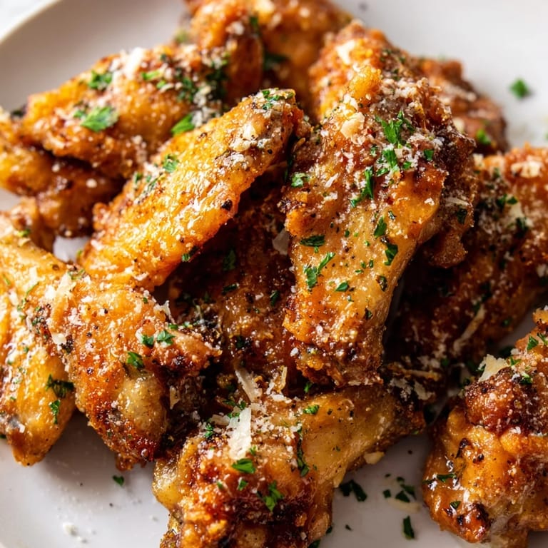 Sizzling Garlic Parmesan Wings tossed with herbs and extra Parmesan, served with celery and blue cheese.