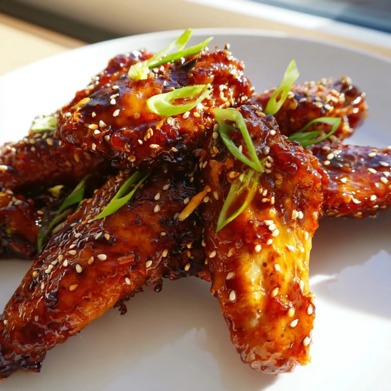 Sticky Asian Sticky Wings with chopped green onions and sesame seeds, ready to serve as a party appetizer alongside pickled vegetables on a wooden table.