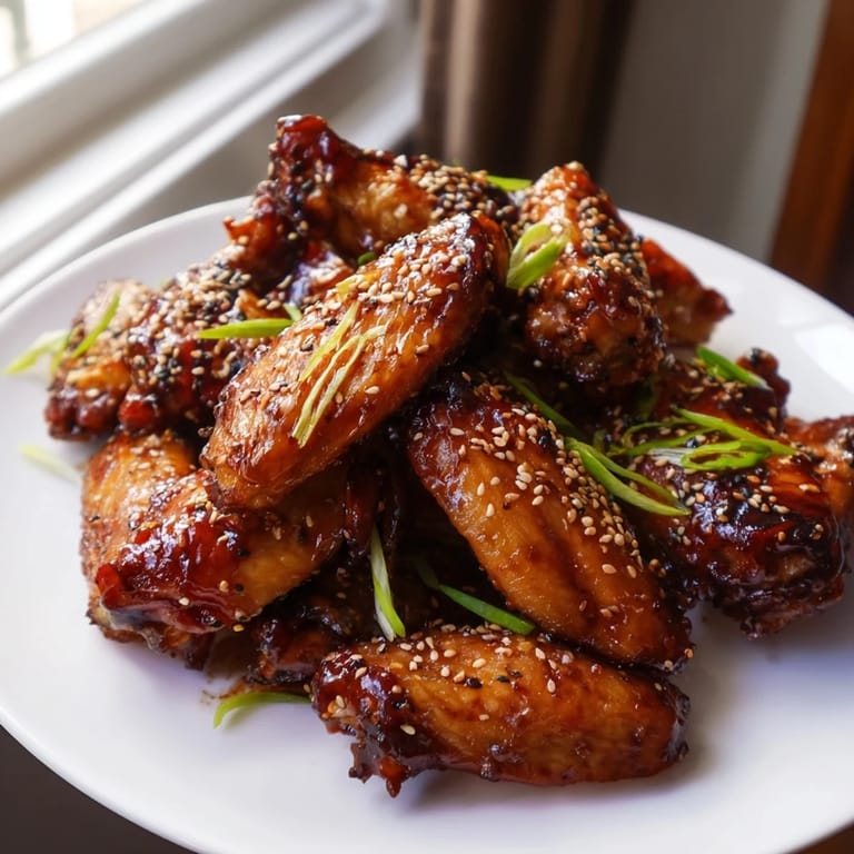 A close-up of juicy Asian Sticky Wings brushed with glossy glaze, highlighting the caramelized edges and tender meat for an irresistible baked chicken wing recipe.