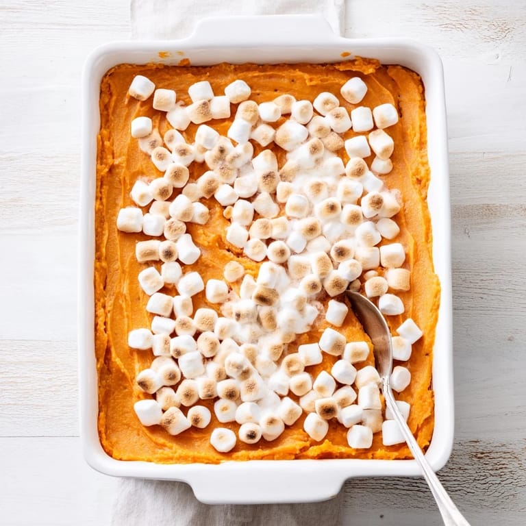 Sweet Potato Casserole with a crunchy pecan streusel topping is baked until bubbling.