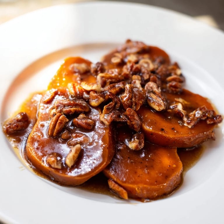 Glossy brown sugar syrup coating tender sweet potato slices, garnished with chopped pecans and cinnamon.