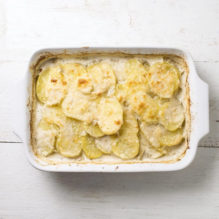 Sliced Yukon Gold potatoes are layered with Gruyère and Parmesan, smothered in a rich, velvety cream sauce.