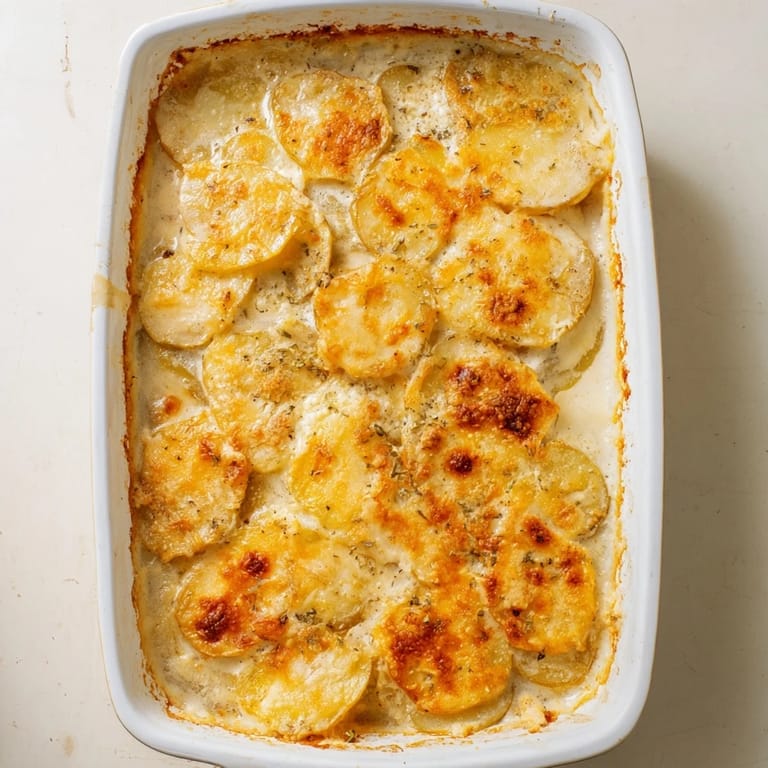 Freshly baked Au Gratin Potatoes emerge from the oven with a crisp, golden crust, releasing a warm, garlicky aroma.