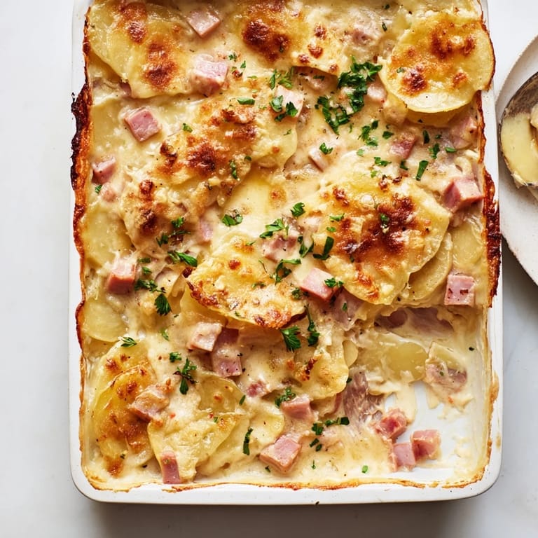 Layers of thinly sliced potatoes and diced ham baked in a creamy sauce for a family dinner.