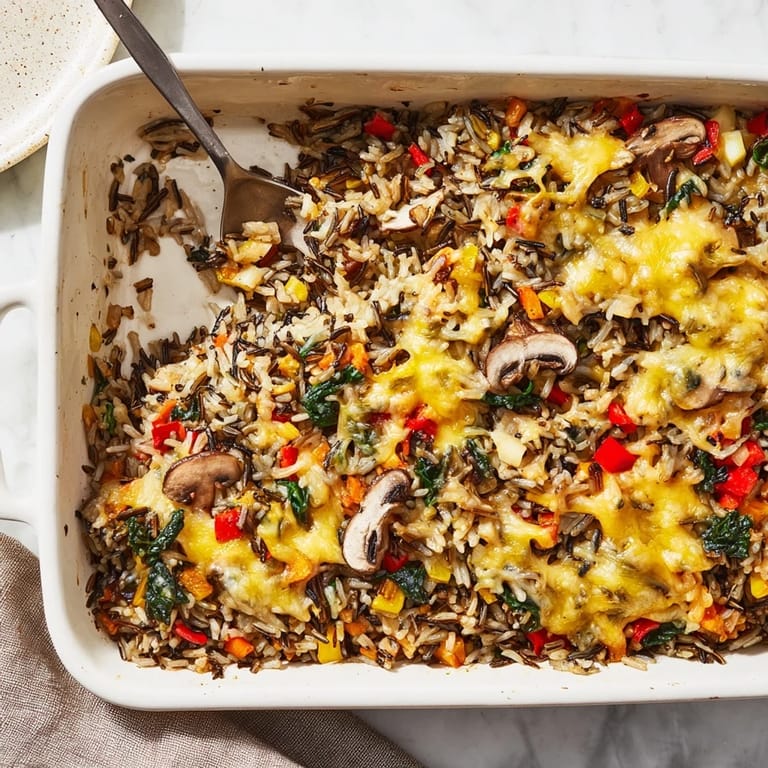 A spoon serves the hearty vegetarian Wild Rice Casserole alongside a green salad.