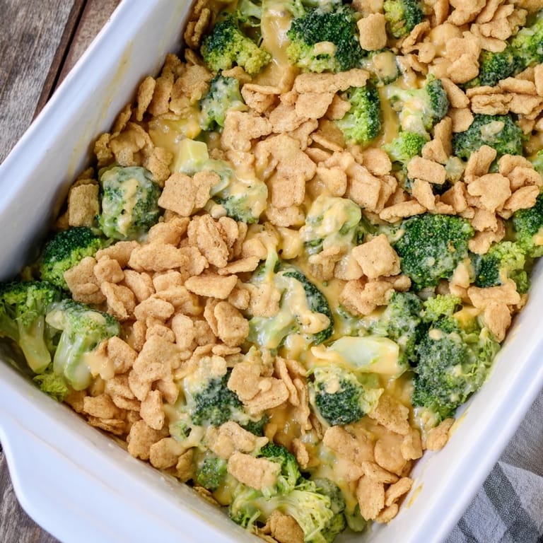 A close-up view of rich Broccoli Casserole showing melted sharp cheddar cheese and buttery crumb topping over bright green florets.