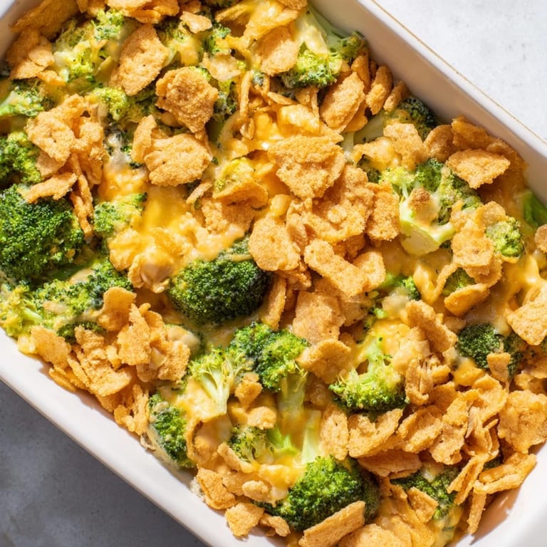 Serving spoon lifting a hearty portion of Broccoli Casserole, revealing the velvety cheese sauce and crisp, golden breadcrumb crust.