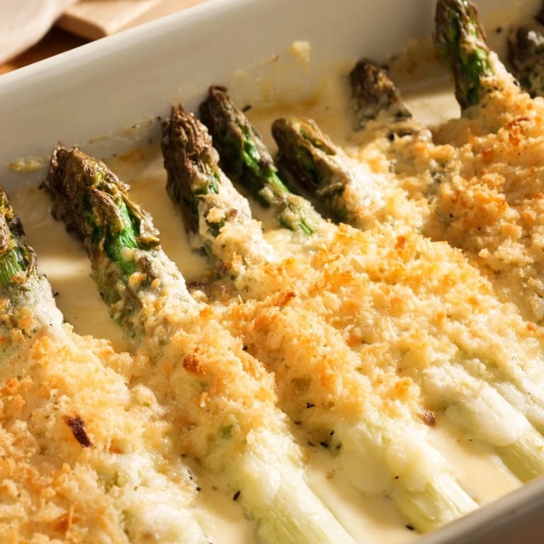 Serving spoon lifting a creamy bite of Asparagus Casserole from the dish.
