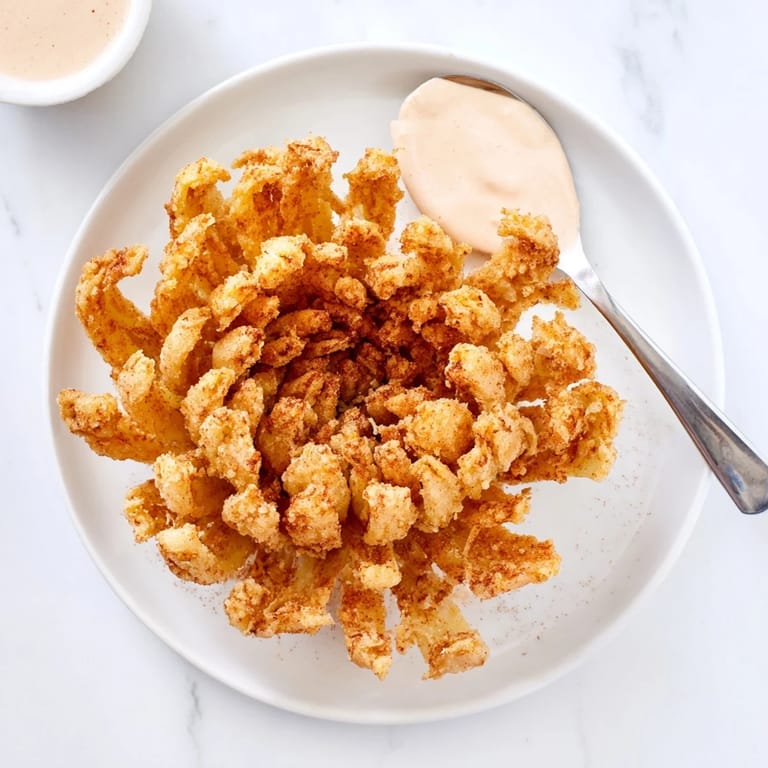 Freshly fried onion blossom with seasoned batter, showcased on a rustic table for game day snacking.