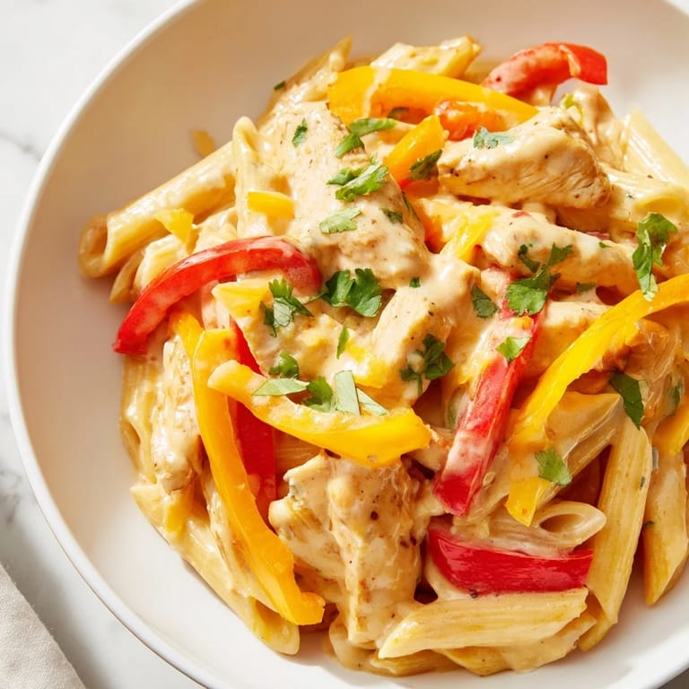 A hearty skillet dinner of Chicken Fajita Pasta sits finished with melted cheese, lime wedges, and fresh cilantro garnish.  