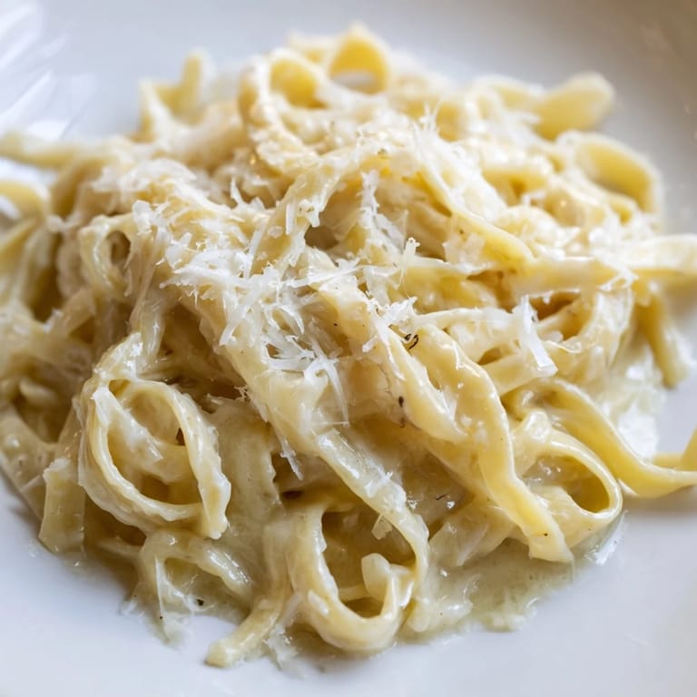 Overhead view of Roasted Garlic Cream Pasta in a rustic skillet, highlighting the creamy texture and golden garlic cloves.