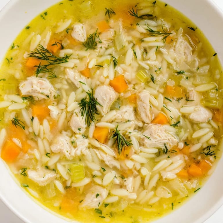 Serving suggestion for Chicken Lemon Orzo Soup in a rustic bowl, topped with Parmesan cheese and a lemon wedge on the side.