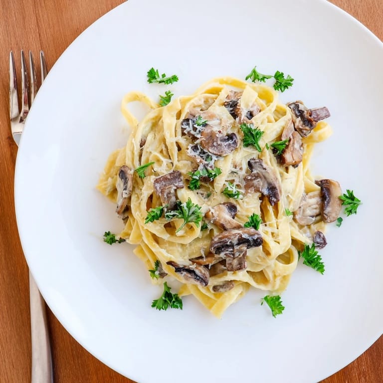 Steaming bowl of Creamy Mushroom Alfredo, featuring sautéed cremini mushrooms and garlic in a rich, velvety sauce.
