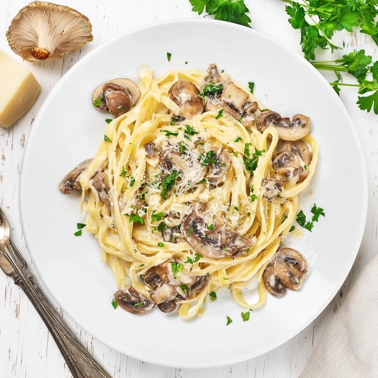 A skillet of freshly made Creamy Mushroom Alfredo tossed with fettuccine, ready to serve with a glass of white wine.