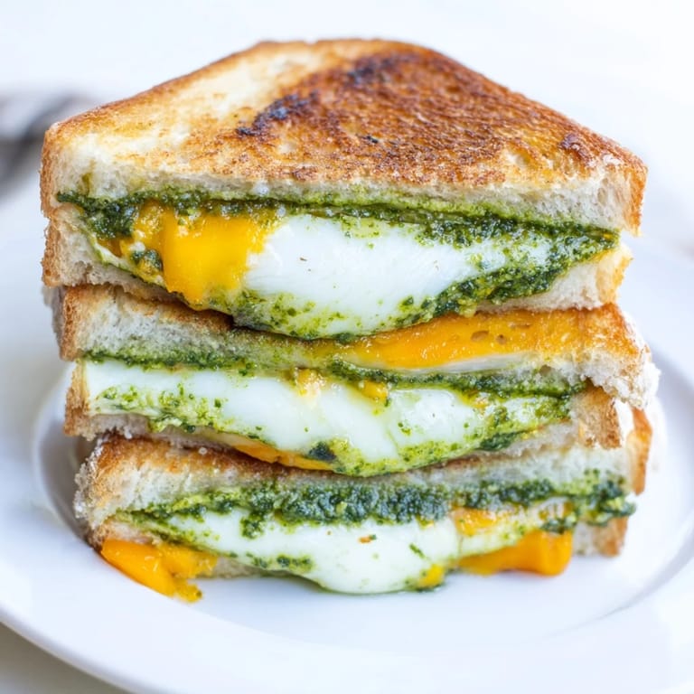 This close-up of a Spinach Pesto Grilled Cheese highlights the vibrant green pesto spread between buttery sourdough slices.  