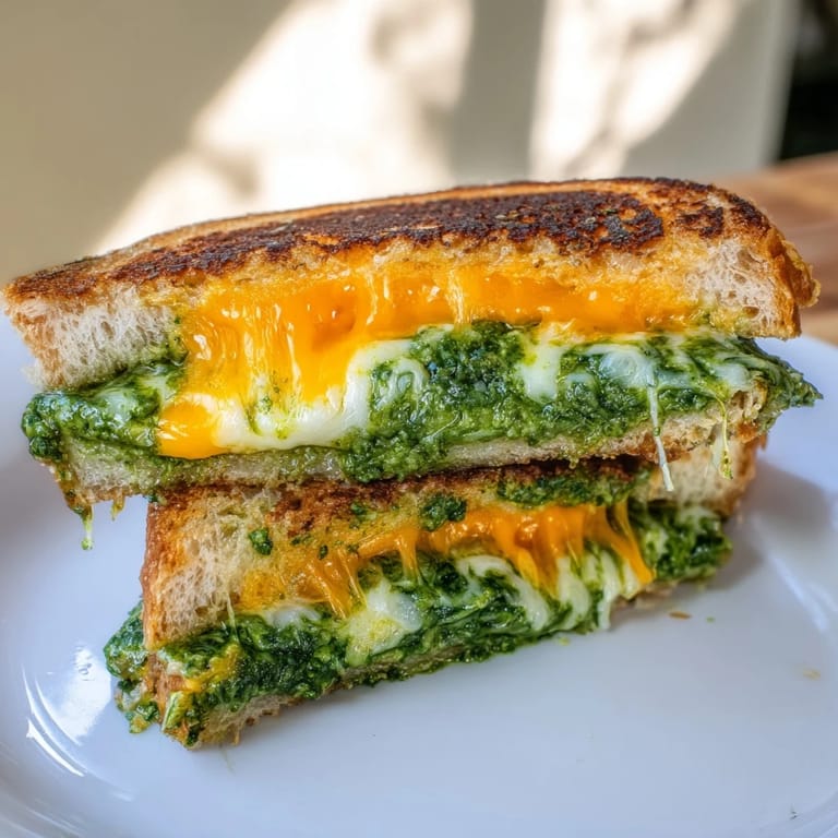 Enjoy a slice of Spinach Pesto Grilled Cheese with a side of tomato soup for a comforting, weeknight vegetarian dinner.