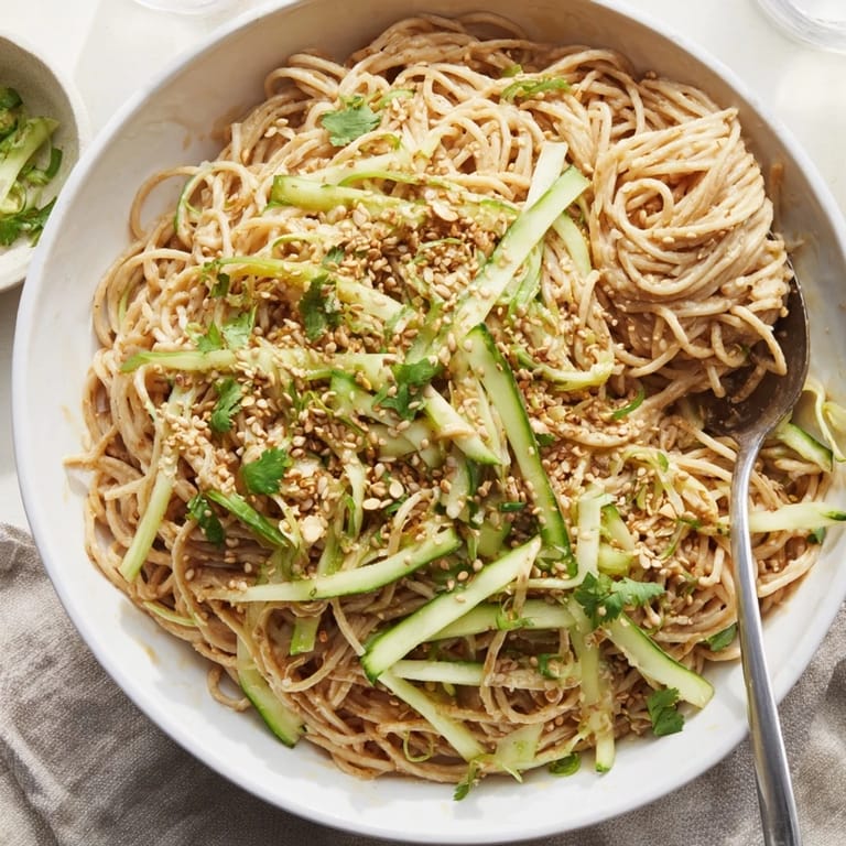 A serving of spicy sesame noodle salad topped with fresh cilantro and chopped peanuts, glistening with chili oil, ideal for a quick lunch.