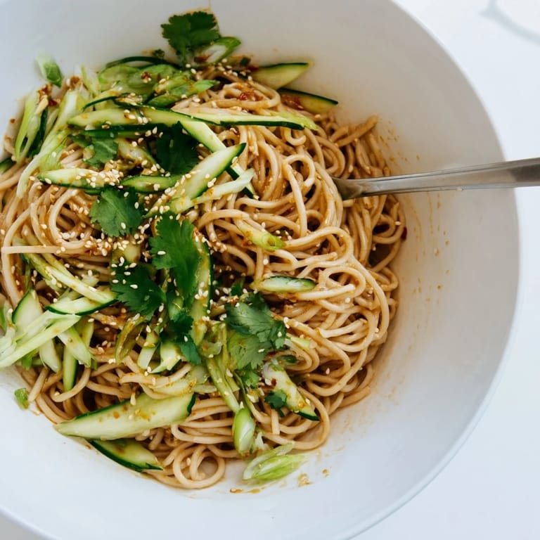 Vibrant vegetarian spicy sesame noodle salad featuring wheat noodles, crisp cucumbers, and herbs, served in a shallow bowl on a rustic table.