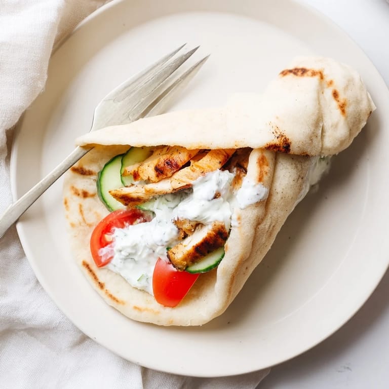 Close-up of a Greek Chicken Wrap revealing charred chicken strips, crisp veggies, and soft pita bread.