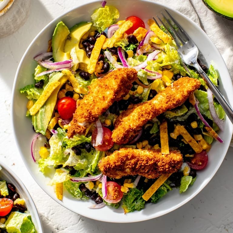 A vibrant bowl of Crispy Chicken Taco Salad with juicy fried chicken, fresh vegetables, and a zesty salsa ranch dressing.