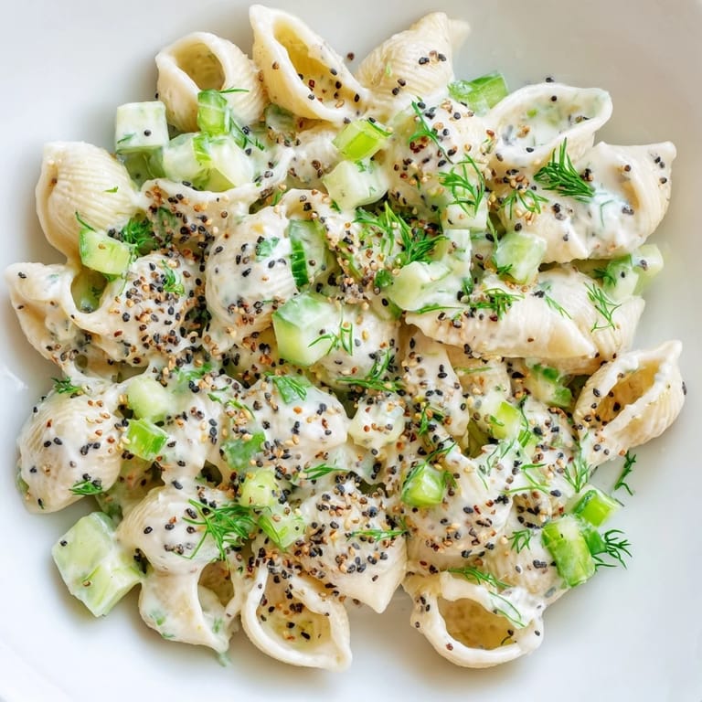 Cucumber Crunch Pasta Salad in a white serving bowl, featuring a creamy tangy dressing, green onions, and everything bagel seasoning for added texture.