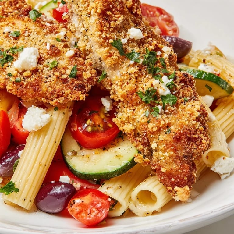 A close-up view of tender short pasta and juicy tomatoes mixed with Kalamata olives, ready to be topped with crispy chicken.